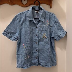 Blue Denim Shirt with Floral Embroidery